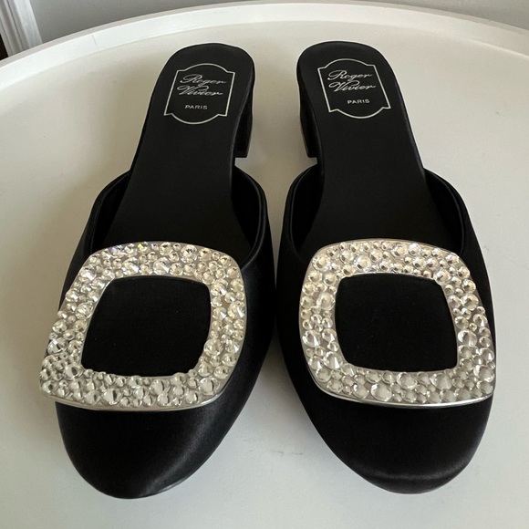 ROGER VIVIER PARIS Chips Strass Embellished Black Satin Slip On Mule Shoes 9 - Picture 3 of 15